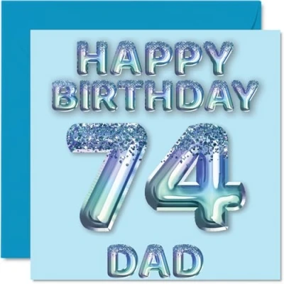 Afbeelding van Verjaardagskaart 74 jaar voor papa, blauwe glitterballonnen, verjaardagskaarten papa van zoon, dochter, 145 mm x