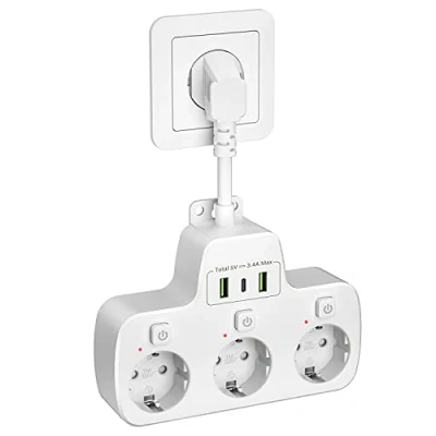 Afbeelding van Elektrische stekkerdoos USB C, meervoudig stopcontact met individuele schakelaar, wandcontactdoos 3 stopcontacten en poorten, oplader, verlengkabel, 0,1 m, korte kabel voor thuis, kantoor,