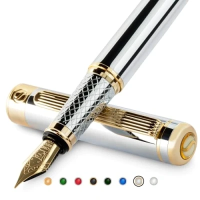 Afbeelding van Scriveiner Zilveren Chrome Vulpen Prachtige Luxe Pen met 24K Gold Finish, Schmidt 18K vergulde penpunt (Fijn), Beste Gift Set voor mannen en vrouwen Professionele Executive Office Fancy Nice Designer