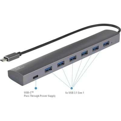 Afbeelding van Renkforce USB 3.1 Gen 1 hub 6 + poorten Met Pass Through stroomaansluiting, aluminium behuizing Zilver