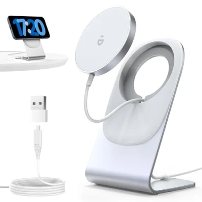 Afbeelding van Mag Safe draadloze oplader, inductief laadstation met aluminium houder, magnetische inductie snellader, compatibel iPhone 15/14/13, wit zonder adapter
