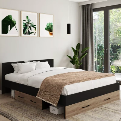 Afbeelding van lit double MINEA 140 x 190 cm avec tête de + tiroirs niches rangement et sommier hêtre noir