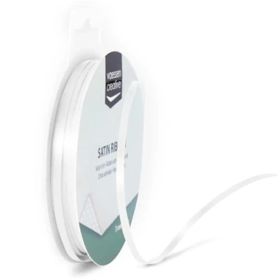 Afbeelding van Vaessen Creative Satijnen lint wit 3 mm x 10 meter decoratief doe het zelf stoffen voor bruiloft, doop en verjaardagsgeschenken