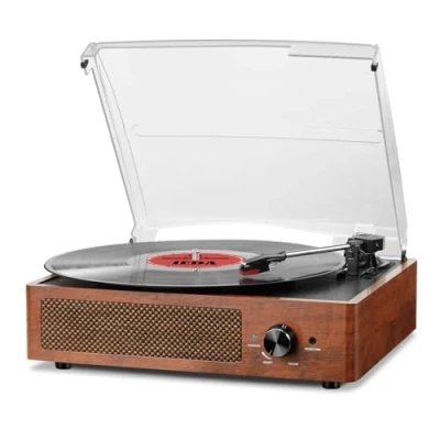 Afbeelding van Draagbare Bluetooth Platenspeler met drie snelheden (33 1/3, 45 en 78 toeren), Vintage Vinyl ingebouwde stereo speakers, ondersteunt RCA/3,5 mm jack uitgang Orange