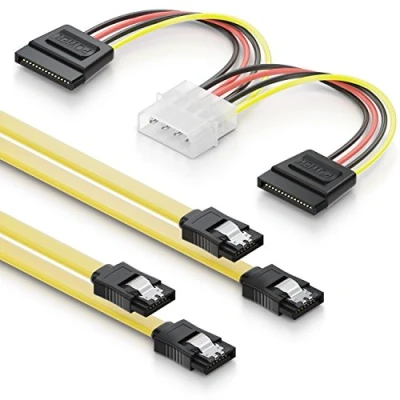 Afbeelding van deleyCON 2 x 0,5 m S ATA 3 kabel + netadapter 4 polig naar SATA HDD SSD datakabel met clip 1 rechte stekker op geel