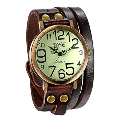 Afbeelding van JewelryWe Retro kwartshorloge groot cijfer wijzerplaat meerdere rijen leren armband legering fantasie voor heren dames kleur bruin, riem, Riem