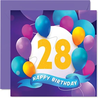 Afbeelding van Stuff4 Verjaardagskaart 28 jaar voor mannen en vrouwen Ballonfeest Verjaardagskaarten van jaar, vrouw, broer, zus, zoon, dochter, tante, oom, vriend, neef, 145 mm x