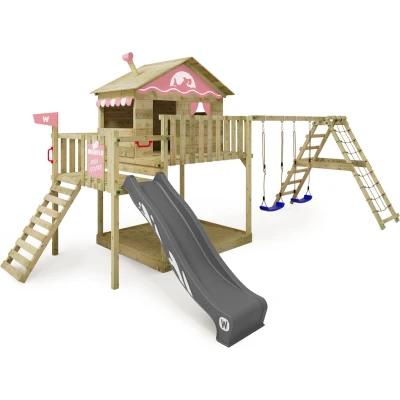 Afbeelding van WICKEY speeltoestel klimtoestel Smart Ocean met schommel &amp; pastelroze glijbaan, outdoor klimtoren voor kinderen zandbak, ladder speelaccessoires de tuin