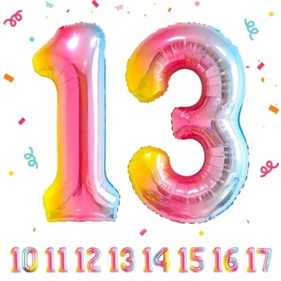 Afbeelding van Ballonnen verjaardag 13 jaar regenboog 100 cm Verjaardagsdecoraties van een man vrouw Opblaasbare cijferballon aluminium beige