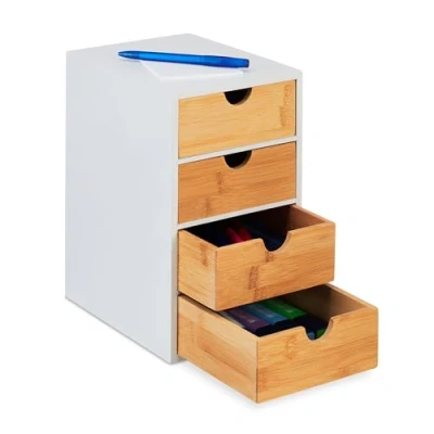 Afbeelding van Relaxdays Organizer met vakken, bamboe, 4 laden, h x b d: 27,5 16,5 21 cm, kantooropslag, natuur wit