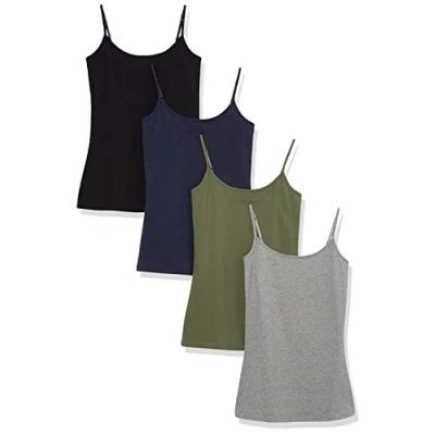Image de Amazon Essentials Lot de 4 camisoles, coupe ajustée pour femme, noir/gris/bleu marine/olive, taille XXL