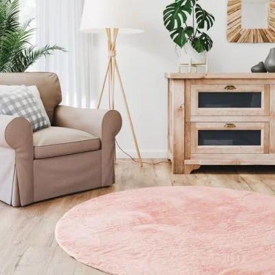 Afbeelding van Interiyou Fargo hoogpolig tapijt rond roze pluizig kunstbont wasbaar antislip 160 x cm