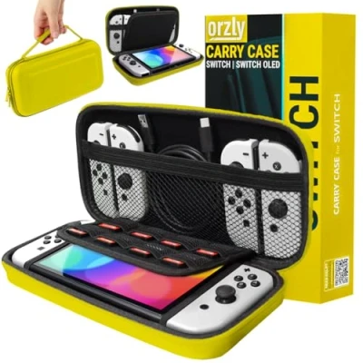 Afbeelding van Orzly harde EVA hoes voor Nintendo Switch, opberghoes met ritssluiting van duurzaam, schokbestendig materiaal Switch console en accessoires, geel