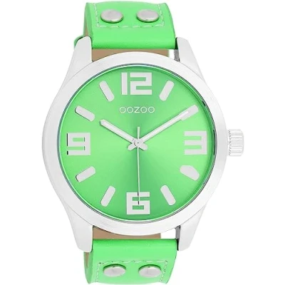 Afbeelding van OOZOO Timepieces Zilverkleurige horloge met fluo groene leren band C1070