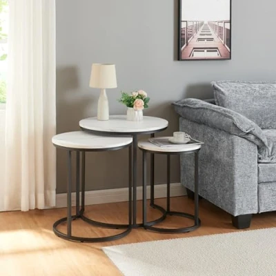 Afbeelding van Bijzettafel Ulricehamn set van 3 zwart en marmer wit [en.casa]