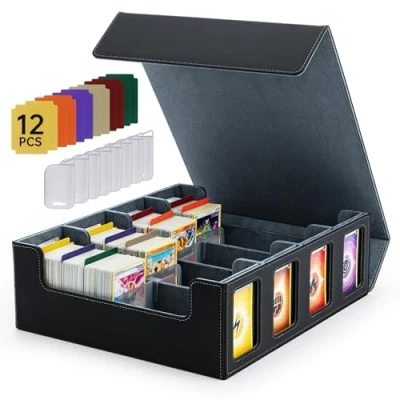 Afbeelding van Tolesum Kaartbox voor MTG, 4 rijen deckbox meer dan 3200 kaarten, magnetische klapbox met PU leer Magic Commander TCG kaarten 12 kleurrijke scheidingswanden en 8 clips, zwart