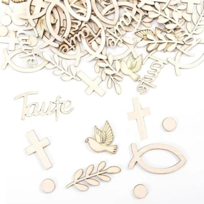 Afbeelding van 100 stuks neutrale houten tafelconfetti voor babyshower, doop, viskruis, vormsel, communie