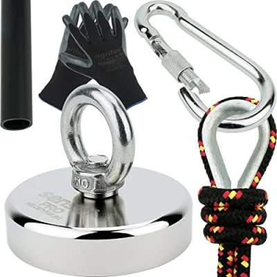 Afbeelding van Sensei set 250 kg, neodymium magneet N52 met haak, Ø 7,5 x H 1,8 cm, 25 m zeiltouw, beschermende handschoenen + accessoires, exploratie en visset