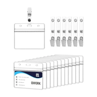 Afbeelding van QWORK® 50 stuks horizontale badgehouders met clip van 0,56 mm dik kunststof, geschikt voor kaarten 88 x 55