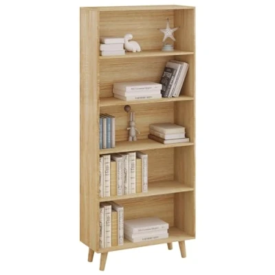 Afbeelding van WOLTU SK022hei Boekenrek met 5 vakken, opbergrek, bureauplank, vrijstaande plank, voor woonkamer, keuken, kantoor, licht eiken, 60 x 144 24 cm