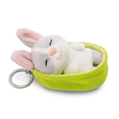 Afbeelding van Sleutelhanger slapende dieren konijn grijs 8cm mand groen