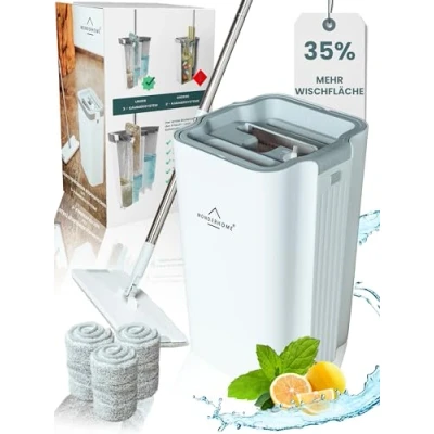 Afbeelding van Wonderhome dweilset met emmer, bezem innovatief 3 kamersysteem, reinigingsemmer groot volume, centrifugefunctie, TripleClean