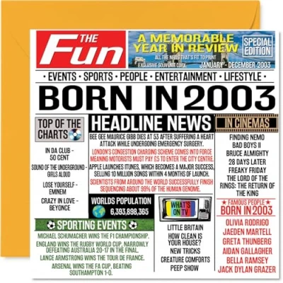 Image de Stuff4 cartes d&#039;anniversaire 21 ans pour homme et femme Journal né en 2003 Carte fils, fille, cousin, vintage, rétro, 145 mm x mm, de vœux vingt unième anniversaire
