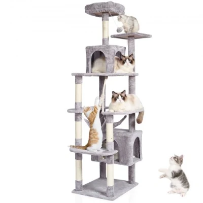 Image de VEVOR Arbre à chat 183 cm tour d&#039;intérieur griffoir 2 niches gris clair