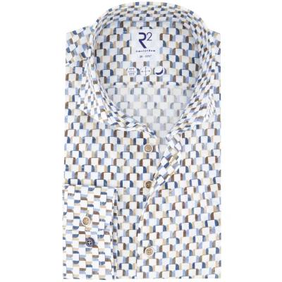 Afbeelding van R2 Poplin Overhemd Print Multicolor Maat 40 Heren Overhemden Formeel