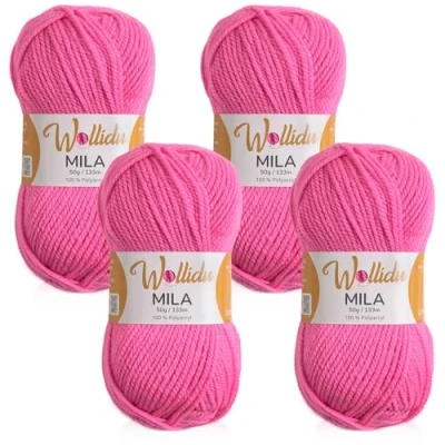 Afbeelding van Wollidu Mila 4 x bollen garen voor haken en breien, 50 g/133 m, breigaren, 100% polyacryl, haakgaren, snoeproze