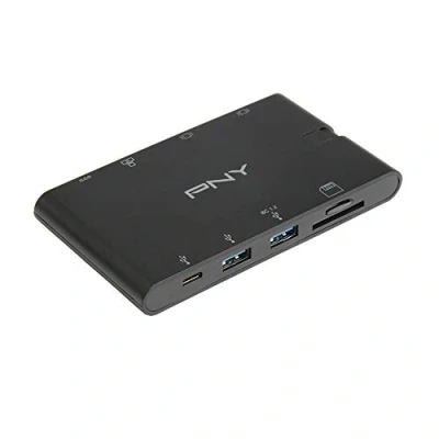 Afbeelding van PNY Draagbare mini USB C hub met geïntegreerde kabel voor compatibele apparaten 2 poorten, A 3.1 1 HDMI poort, VGA aansluiting, RJ45 SD en microSD poorten
