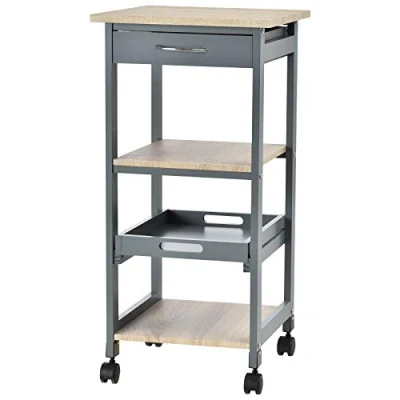 Afbeelding van HOMCOM Serveerwagen met wielen, 2 legplanken, afneembaar dienblad + lade, grenenhout, MDF, lichtgrijs