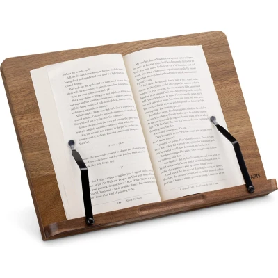 Afbeelding van Navaris houten kookboekenstandaard en tablethouder Met 2 verstelbare metalen paginaklemmen 34 x 24 cm Van acaciahout