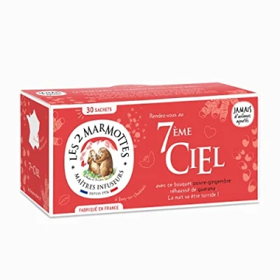 Image de les 2 Marmottes Infusion 7ème Ciel 30 sachets BIO Poivre Noir, Gingembre et Guarana Envoûtante, tisane pour Exciter Sens Made In France Sans arômes ajoutés 45g
