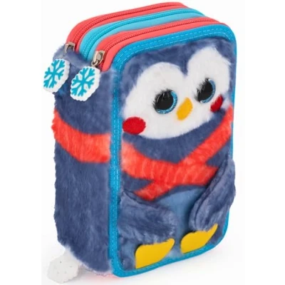 Afbeelding van Julian Ross drievoudig gevoerd etui, 44 schoolaccessoires, 20 cm, Pinguïn Fluffy, pennenhouder
