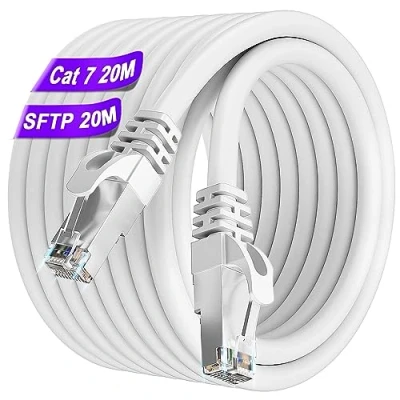 Afbeelding van Ethernet kabel, Cat 7, 20 m, RJ45 afgeschermd, hoge snelheid, 10 Gbit/s, 600 MHz, S/FTP, netwerkkabel, wit, Gigabit voor buiten, waterdicht, LAN kabel router, switch, modem, PS5/4