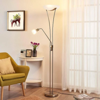 Afbeelding van Lindby vloerlamp 3lichts metaal, glas H: 180 cm E27 nikkel gesatineerd, wit alabaster