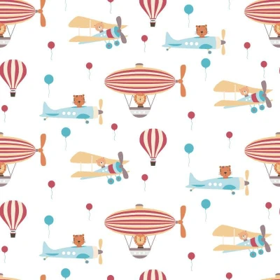 Afbeelding van DIEREN IN VLIEGTUIGEN EN ZEPPELIN BEHANG Kinderkamer bont rood blauw beige wit A.S. Création Little Love