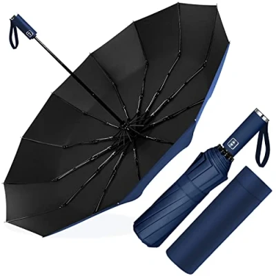 Afbeelding van Poligono Automatische opvouwbare paraplu, grote paraplu met 12 baleinen voor heren en dames, winddicht, diameter 105 cm, Navy Blauw, Klassiek
