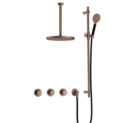 Afbeelding van Hotbath Cobber Regendoucheset IBS70 Geborsteld Koper PVD Ronde handdouche 30cm Hoofddouche Plafondbuis Handouche met glijstang