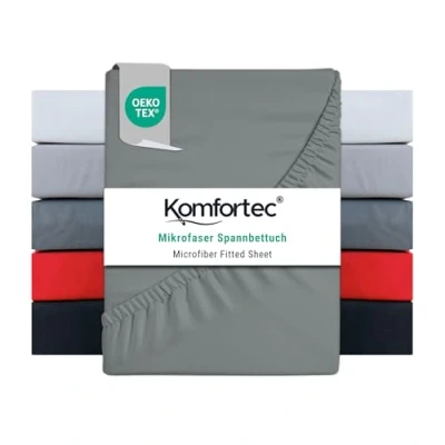Image de Komfortec Drap housse en microfibre 180 x 200 cm doux avec bord élastique pour matelas jusqu&#039;à 30 Gris Certifié Oeko Tex Facile d&#039;entretien et la peau 90 g/m²