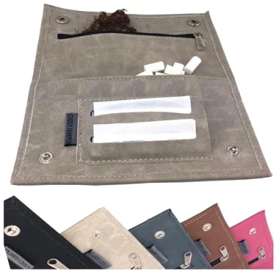Afbeelding van Ziggy Jumper® Tabakstas van hoogwaardig leer, met een, twee of drie vellen, tabakzak, filtervak in verschillende kleuren, 2.) Dubbel steengrijs, 16 x 9 1 cm, 2) Grijs Steen