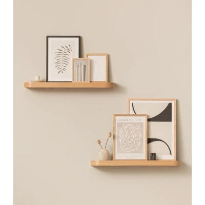 Afbeelding van Kazai.® Wandplankenset &#039;Toke&#039; 2 Hangende Planken in Echt Houtfineer Zwevende Houten Plank als Schilderijenplank, Fotoplank, Wanddecoratie en Opbergruimte voor Badkamer, Woonkamer, Keuken of Slaapkamer Eiken
