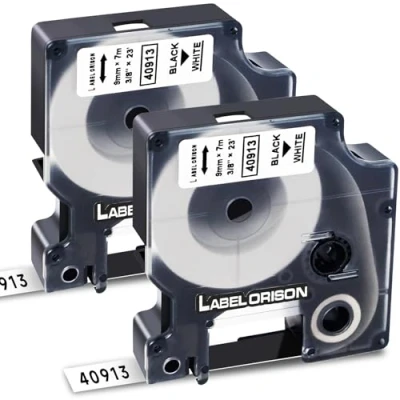 Afbeelding van Label Orison 2 stuks vervangende labeltape compatibel met Dymo 40913 s0720680 9 mm zwart op wit voor Labelpoint 250 150 Labelwriter 450 Duo LabelManager 160 PNP 210D 360D 280 420P