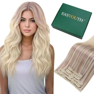 Afbeelding van Easyouth Clip in extensies, echt Remy haar, balayage, asblond, mix met middenblond en platinabond, naadloos 70 g, 5 stuks
