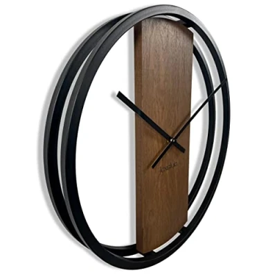 Afbeelding van FLEXISTYLE LOFT Oval metalen wandklok, 3D XXL, moderne wandklok zonder tikkend geluid, voor badkamer, woonkamer (50 cm diameter, bruin)