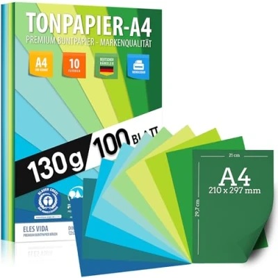 Afbeelding van 100 vellen kleipapier, DIN A4, 130 g/m², 10 kleuren, knutselpapier, kleurrijke bladeren voor kinderen en knutselaccessoires, marineblauw, gras, oceaanblauw