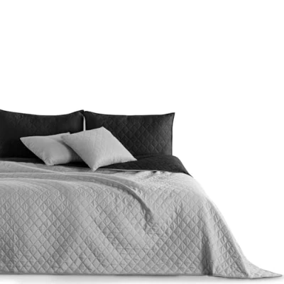 Afbeelding van DecoKing sprei, bedsprei, 200x220 cm doorgestikte tweezijdig, reliëfpatroon, ruiten zwart/zilver