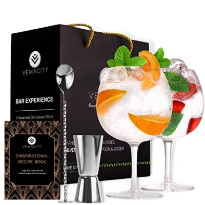 Afbeelding van gin tonic glazenset voor liefhebbers, 2 x handgemaakte glazen, gratis e book met recept, zilveren barlepel, dubbele maatbeker en grote glas, cocktailglazen, glasset