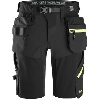 Afbeelding van Snickers 6140 FlexiWork, Softshell Stretch Korte Werkbroek+ met Holsterzakken Zwart/Neon Geel